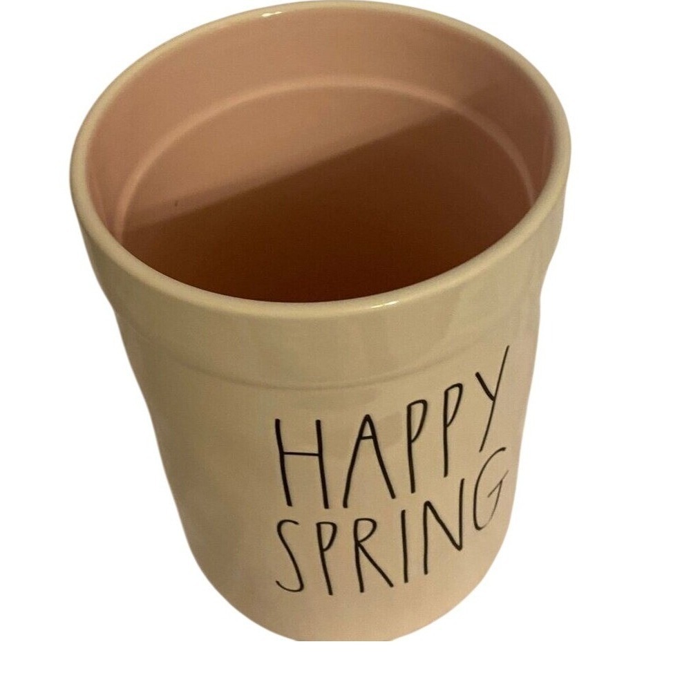 Rae Dunn Happy Spring Ceramic Crock Utensil Holder White Pink Farmhouse Decor 6"
